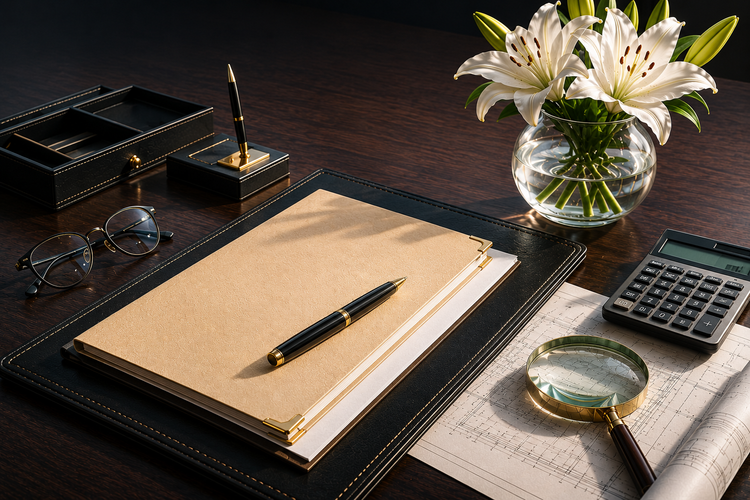 Illustration of property documents, architectural plans, and a magnifying glass representing honesty, trust, and transparency in real estate transactions