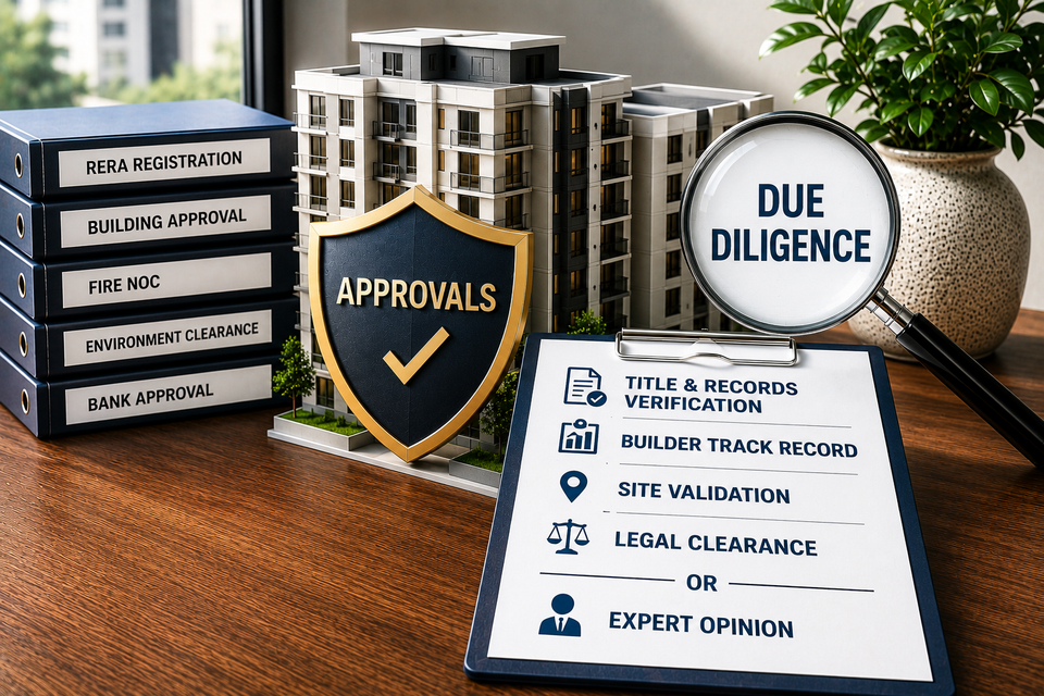 Illustration showing apartment approvals, legal verification, and due diligence for apartment purchases in Guwahati